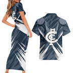 Carlton Blues Australian Football Couples Matching Short Sleeve Bodycon Dress and Hawaiian Shirt Powerful Superhero Mascot - Bold Team Colors