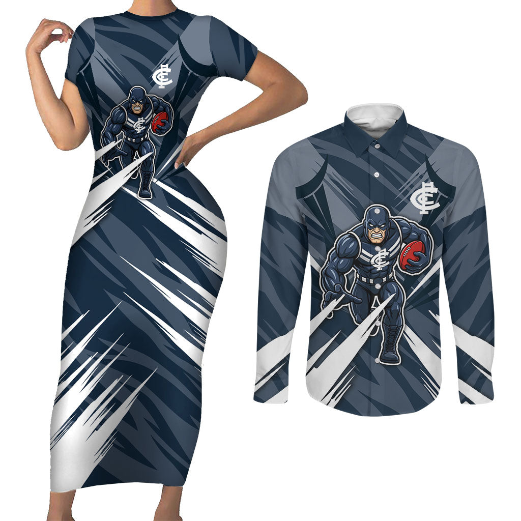 Carlton Blues Australian Football Couples Matching Short Sleeve Bodycon Dress and Long Sleeve Button Shirt Powerful Superhero Mascot - Bold Team Colors