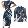 Carlton Blues Australian Football Couples Matching Short Sleeve Bodycon Dress and Long Sleeve Button Shirt Powerful Superhero Mascot - Bold Team Colors