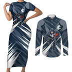 Carlton Blues Australian Football Couples Matching Short Sleeve Bodycon Dress and Long Sleeve Button Shirt Powerful Superhero Mascot - Bold Team Colors