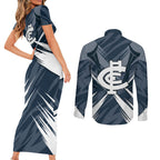 Carlton Blues Australian Football Couples Matching Short Sleeve Bodycon Dress and Long Sleeve Button Shirt Powerful Superhero Mascot - Bold Team Colors