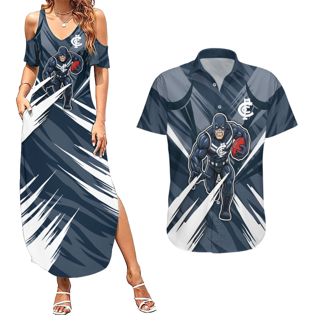 Carlton Blues Australian Football Couples Matching Summer Maxi Dress and Hawaiian Shirt Powerful Superhero Mascot - Bold Team Colors