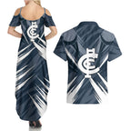 Carlton Blues Australian Football Couples Matching Summer Maxi Dress and Hawaiian Shirt Powerful Superhero Mascot - Bold Team Colors