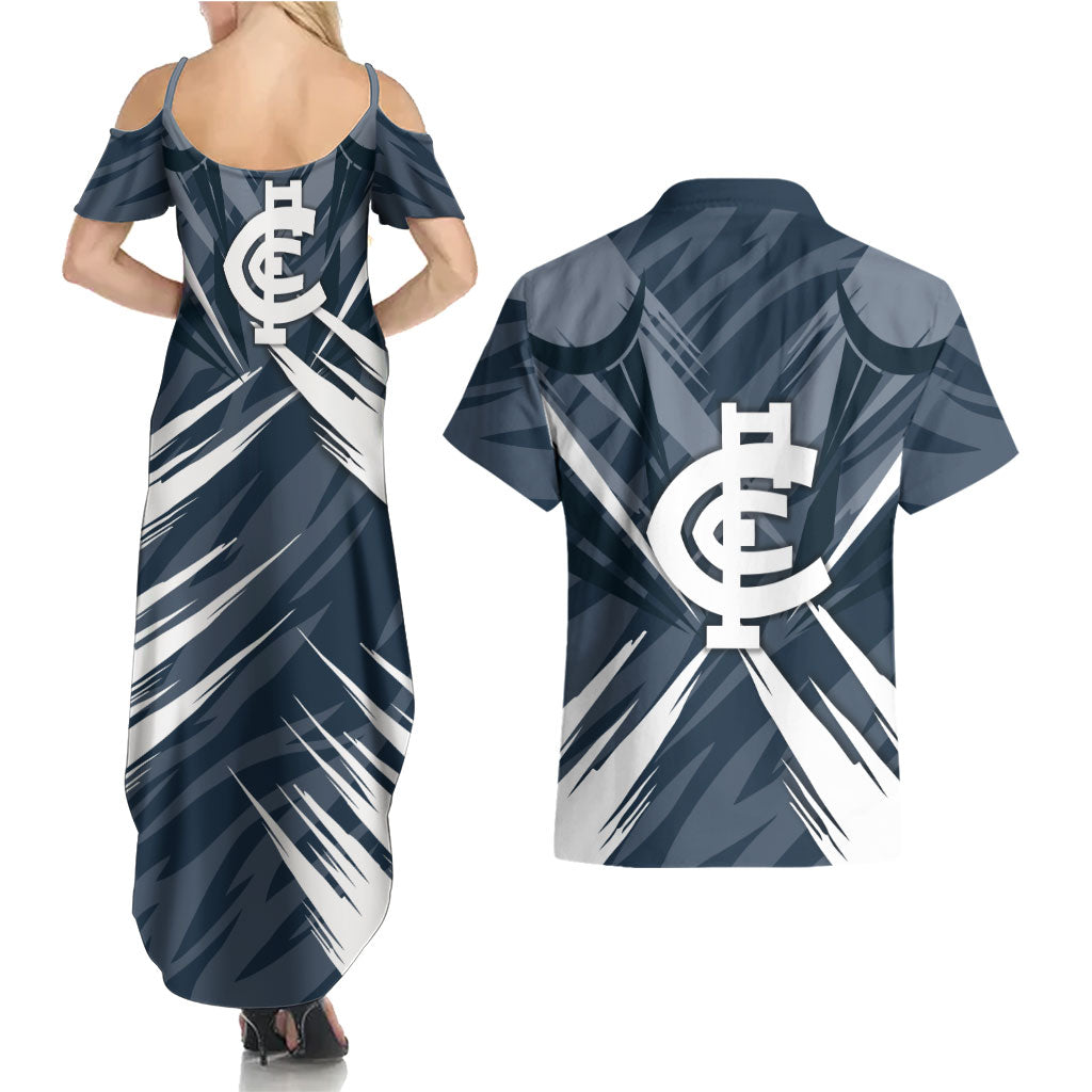 Carlton Blues Australian Football Couples Matching Summer Maxi Dress and Hawaiian Shirt Powerful Superhero Mascot - Bold Team Colors