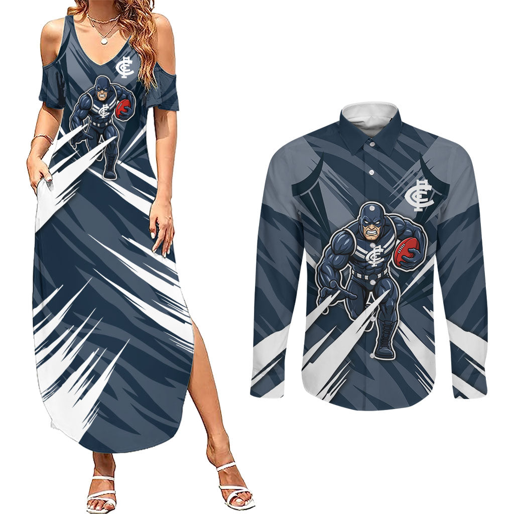 Carlton Blues Australian Football Couples Matching Summer Maxi Dress and Long Sleeve Button Shirt Powerful Superhero Mascot - Bold Team Colors
