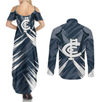 Carlton Blues Australian Football Couples Matching Summer Maxi Dress and Long Sleeve Button Shirt Powerful Superhero Mascot - Bold Team Colors