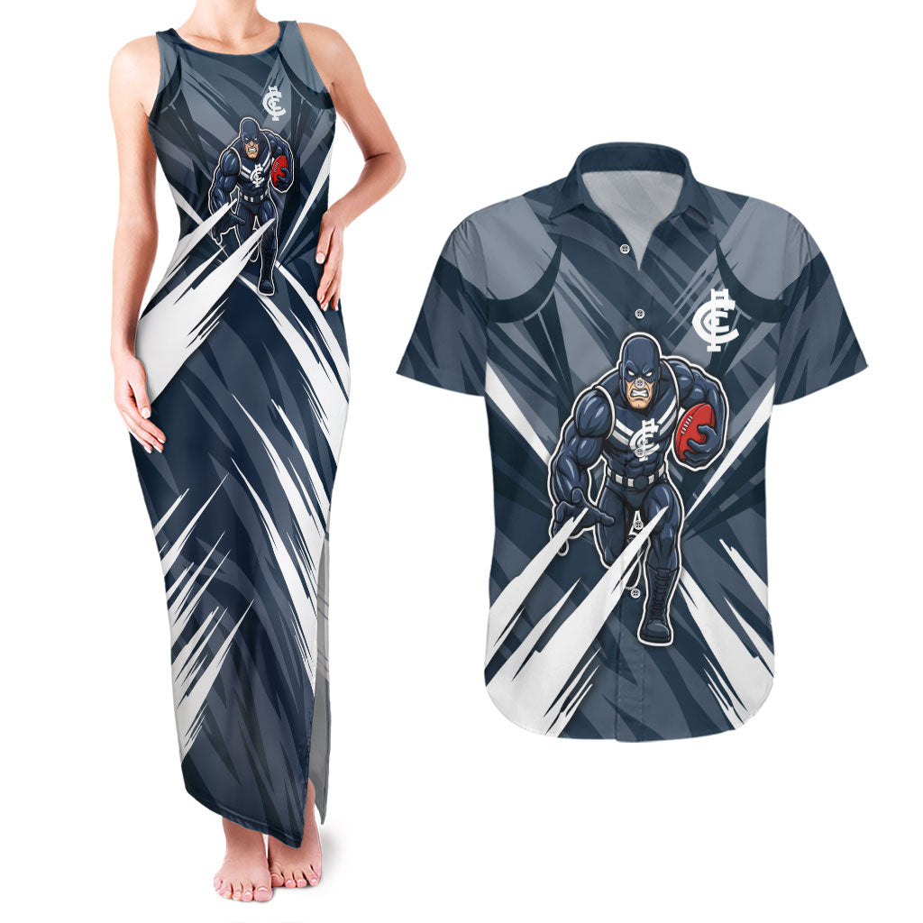 Carlton Blues Australian Football Couples Matching Tank Maxi Dress and Hawaiian Shirt Powerful Superhero Mascot - Bold Team Colors