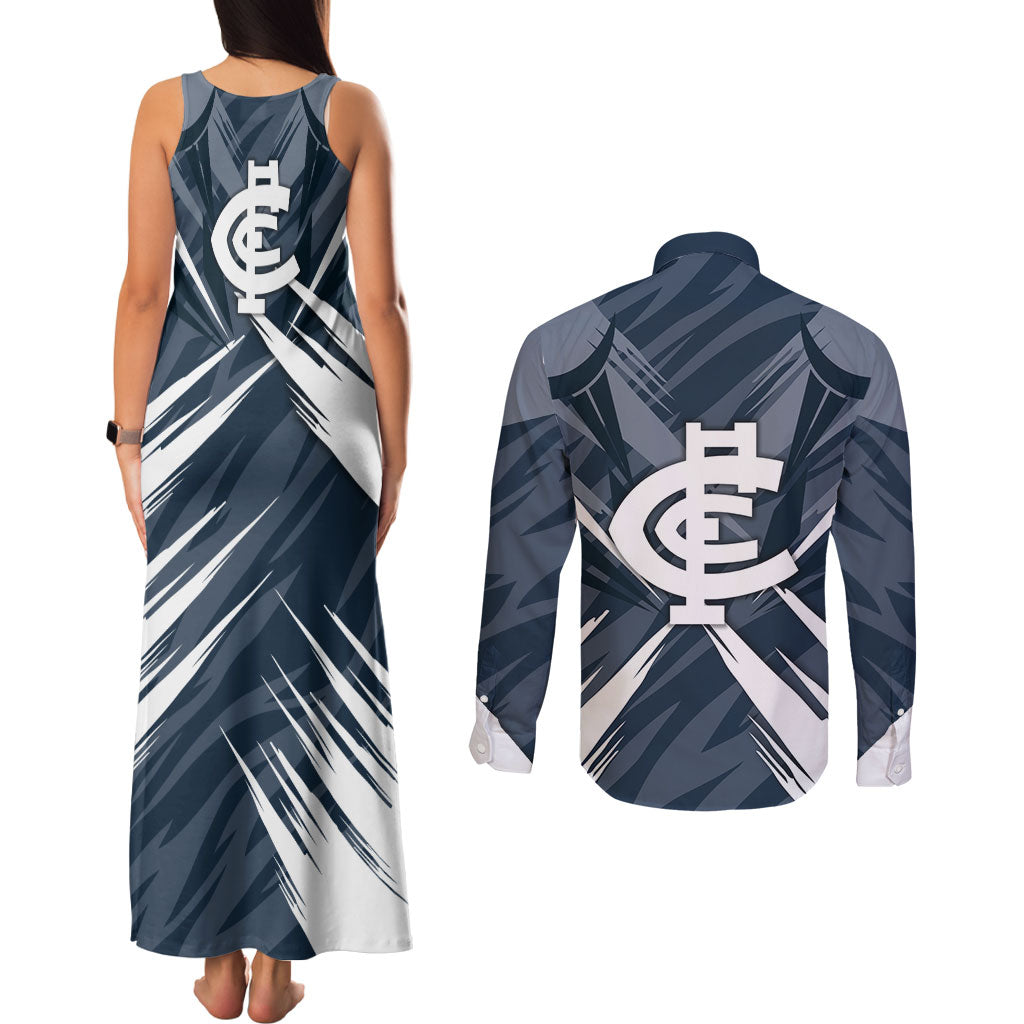 Carlton Blues Australian Football Couples Matching Tank Maxi Dress and Long Sleeve Button Shirt Powerful Superhero Mascot - Bold Team Colors