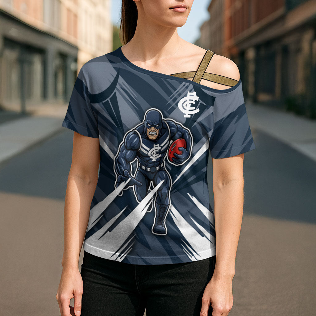 Carlton Blues Australian Football Cross Shoulder Shirt Powerful Superhero Mascot - Bold Team Colors