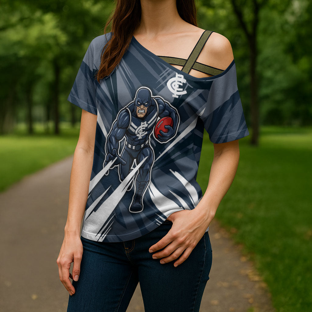Carlton Blues Australian Football Cross Shoulder Shirt Powerful Superhero Mascot - Bold Team Colors
