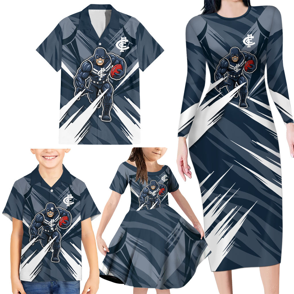 Carlton Blues Australian Football Family Matching Long Sleeve Bodycon Dress and Hawaiian Shirt Powerful Superhero Mascot - Bold Team Colors