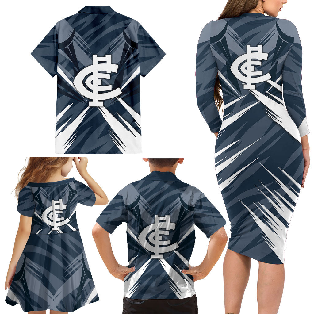 Carlton Blues Australian Football Family Matching Long Sleeve Bodycon Dress and Hawaiian Shirt Powerful Superhero Mascot - Bold Team Colors