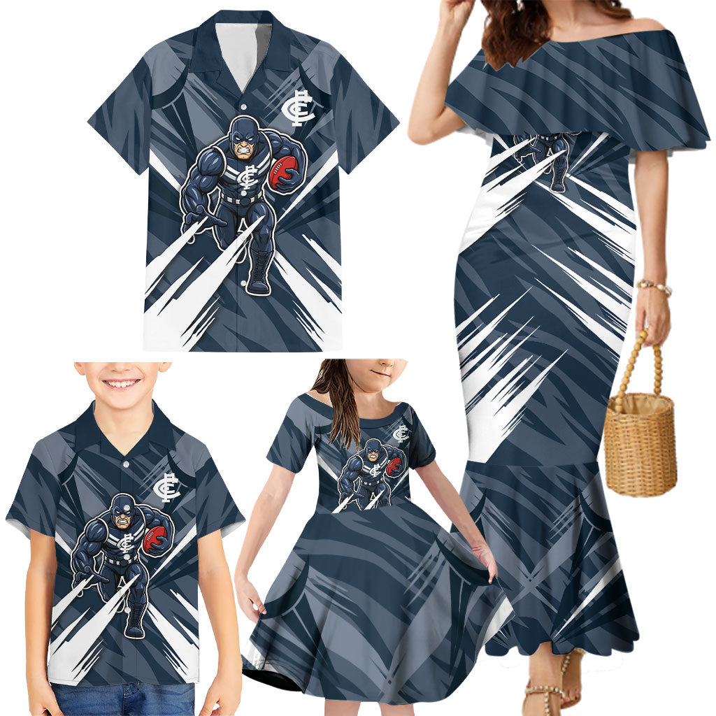 Carlton Blues Australian Football Family Matching Mermaid Dress and Hawaiian Shirt Powerful Superhero Mascot - Bold Team Colors