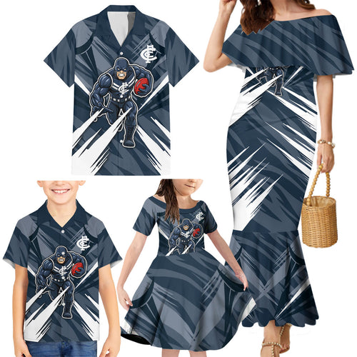 Carlton Blues Australian Football Family Matching Mermaid Dress and Hawaiian Shirt Powerful Superhero Mascot - Bold Team Colors