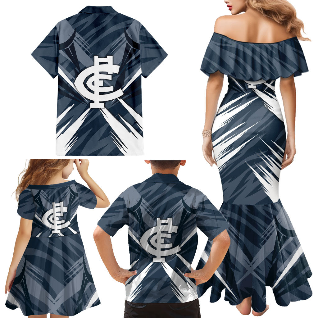 Carlton Blues Australian Football Family Matching Mermaid Dress and Hawaiian Shirt Powerful Superhero Mascot - Bold Team Colors