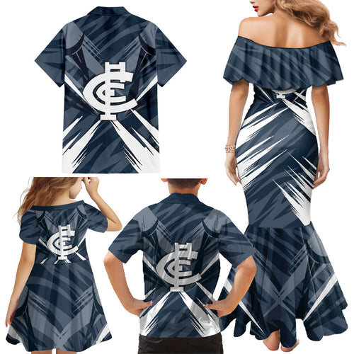 Carlton Blues Australian Football Family Matching Mermaid Dress and Hawaiian Shirt Powerful Superhero Mascot - Bold Team Colors