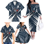 Carlton Blues Australian Football Family Matching Off The Shoulder Long Sleeve Dress and Hawaiian Shirt Powerful Superhero Mascot - Bold Team Colors