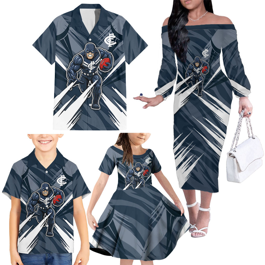Carlton Blues Australian Football Family Matching Off The Shoulder Long Sleeve Dress and Hawaiian Shirt Powerful Superhero Mascot - Bold Team Colors