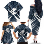 Carlton Blues Australian Football Family Matching Off The Shoulder Long Sleeve Dress and Hawaiian Shirt Powerful Superhero Mascot - Bold Team Colors