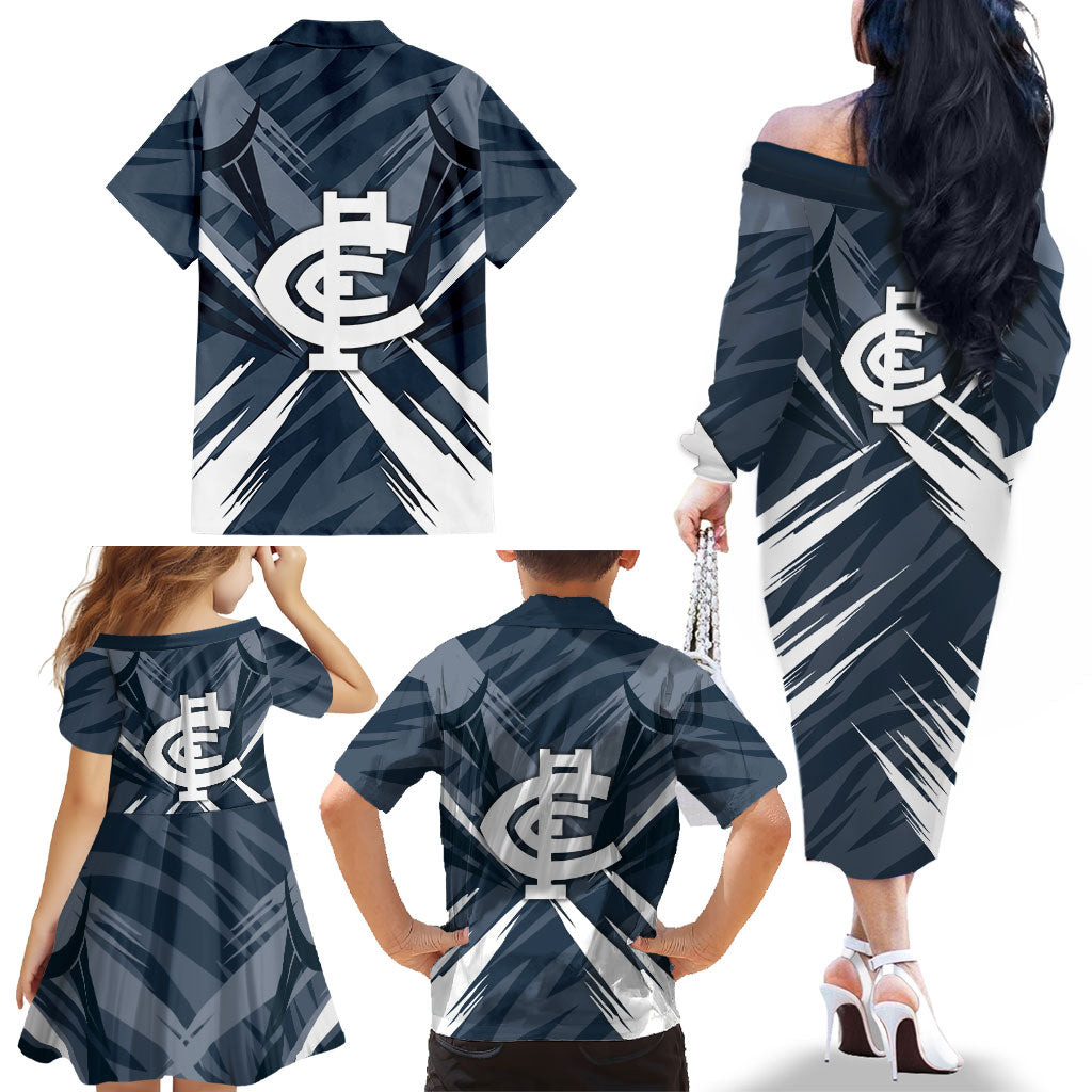 Carlton Blues Australian Football Family Matching Off The Shoulder Long Sleeve Dress and Hawaiian Shirt Powerful Superhero Mascot - Bold Team Colors