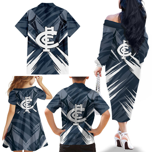 Carlton Blues Australian Football Family Matching Off The Shoulder Long Sleeve Dress and Hawaiian Shirt Powerful Superhero Mascot - Bold Team Colors