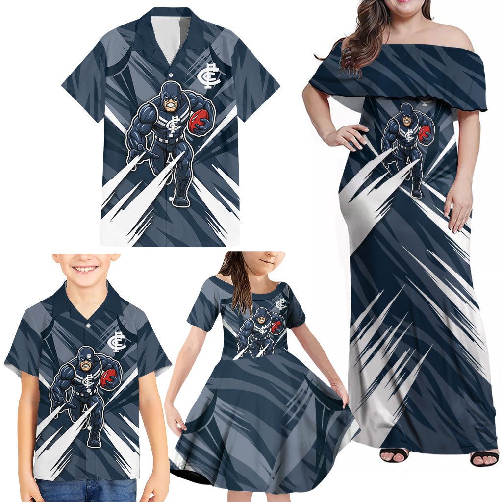 Carlton Blues Australian Football Family Matching Off Shoulder Maxi Dress and Hawaiian Shirt Powerful Superhero Mascot - Bold Team Colors