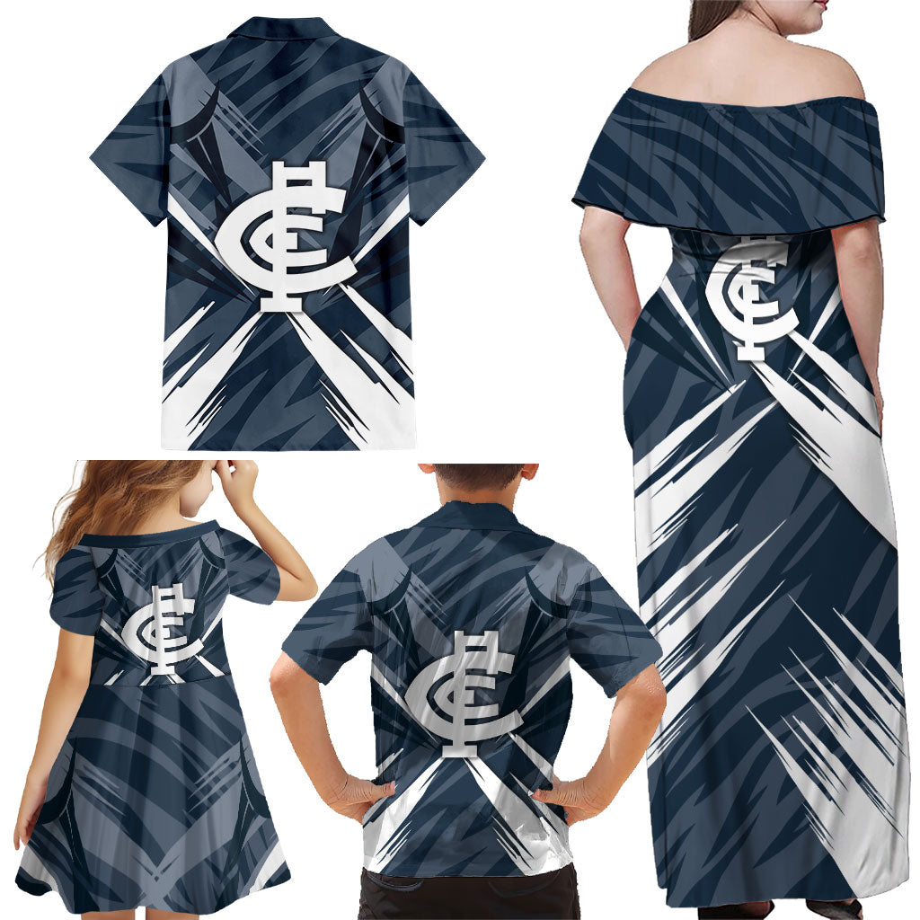 Carlton Blues Australian Football Family Matching Off Shoulder Maxi Dress and Hawaiian Shirt Powerful Superhero Mascot - Bold Team Colors