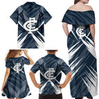 Carlton Blues Australian Football Family Matching Off Shoulder Maxi Dress and Hawaiian Shirt Powerful Superhero Mascot - Bold Team Colors