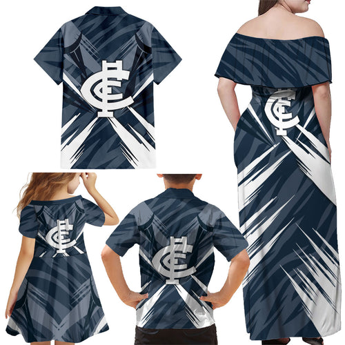Carlton Blues Australian Football Family Matching Off Shoulder Maxi Dress and Hawaiian Shirt Powerful Superhero Mascot - Bold Team Colors
