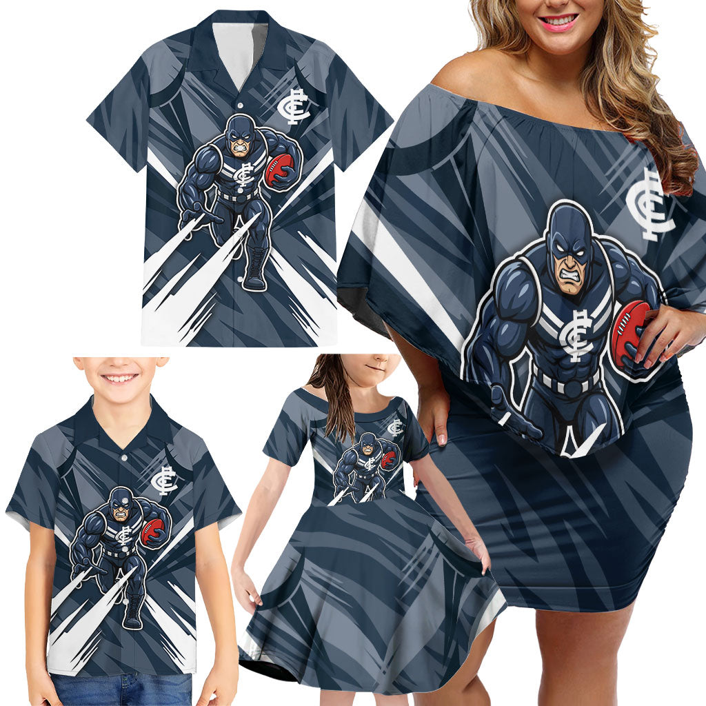 Carlton Blues Australian Football Family Matching Off Shoulder Short Dress and Hawaiian Shirt Powerful Superhero Mascot - Bold Team Colors