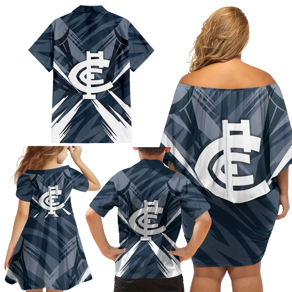 Carlton Blues Australian Football Family Matching Off Shoulder Short Dress and Hawaiian Shirt Powerful Superhero Mascot - Bold Team Colors