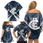 Carlton Blues Australian Football Family Matching Off Shoulder Short Dress and Hawaiian Shirt Powerful Superhero Mascot - Bold Team Colors