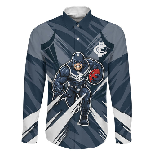 Carlton Blues Australian Football Family Matching Off Shoulder Short Dress and Hawaiian Shirt Powerful Superhero Mascot - Bold Team Colors