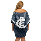 Carlton Blues Australian Football Family Matching Off Shoulder Short Dress and Hawaiian Shirt Powerful Superhero Mascot - Bold Team Colors