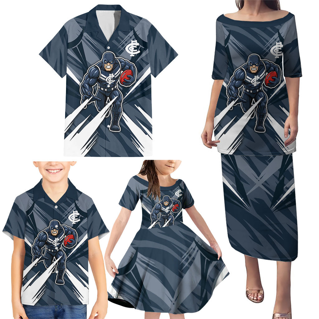 Carlton Blues Australian Football Family Matching Puletasi and Hawaiian Shirt Powerful Superhero Mascot - Bold Team Colors