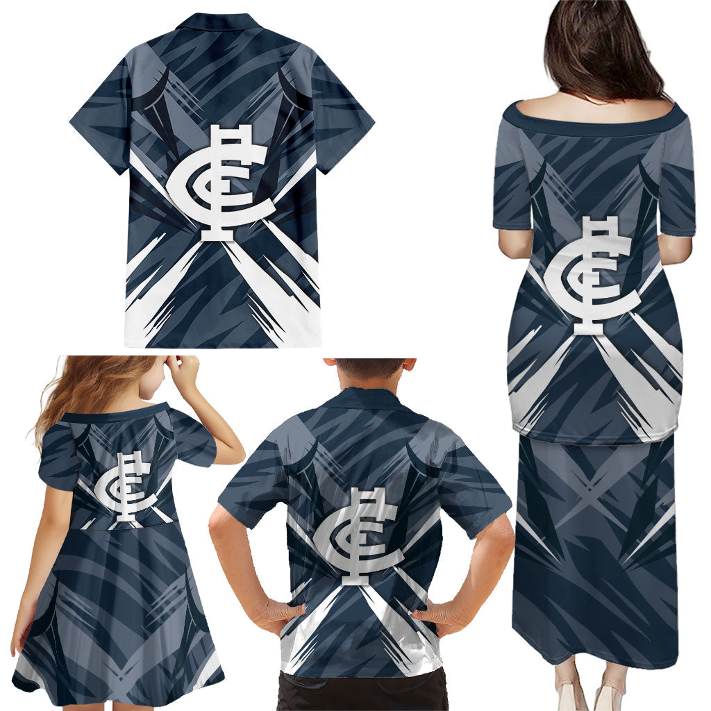 Carlton Blues Australian Football Family Matching Puletasi and Hawaiian Shirt Powerful Superhero Mascot - Bold Team Colors