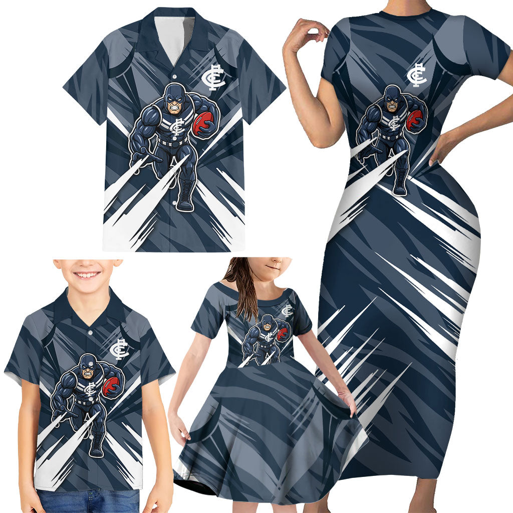 Carlton Blues Australian Football Family Matching Short Sleeve Bodycon Dress and Hawaiian Shirt Powerful Superhero Mascot - Bold Team Colors