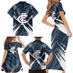Carlton Blues Australian Football Family Matching Short Sleeve Bodycon Dress and Hawaiian Shirt Powerful Superhero Mascot - Bold Team Colors