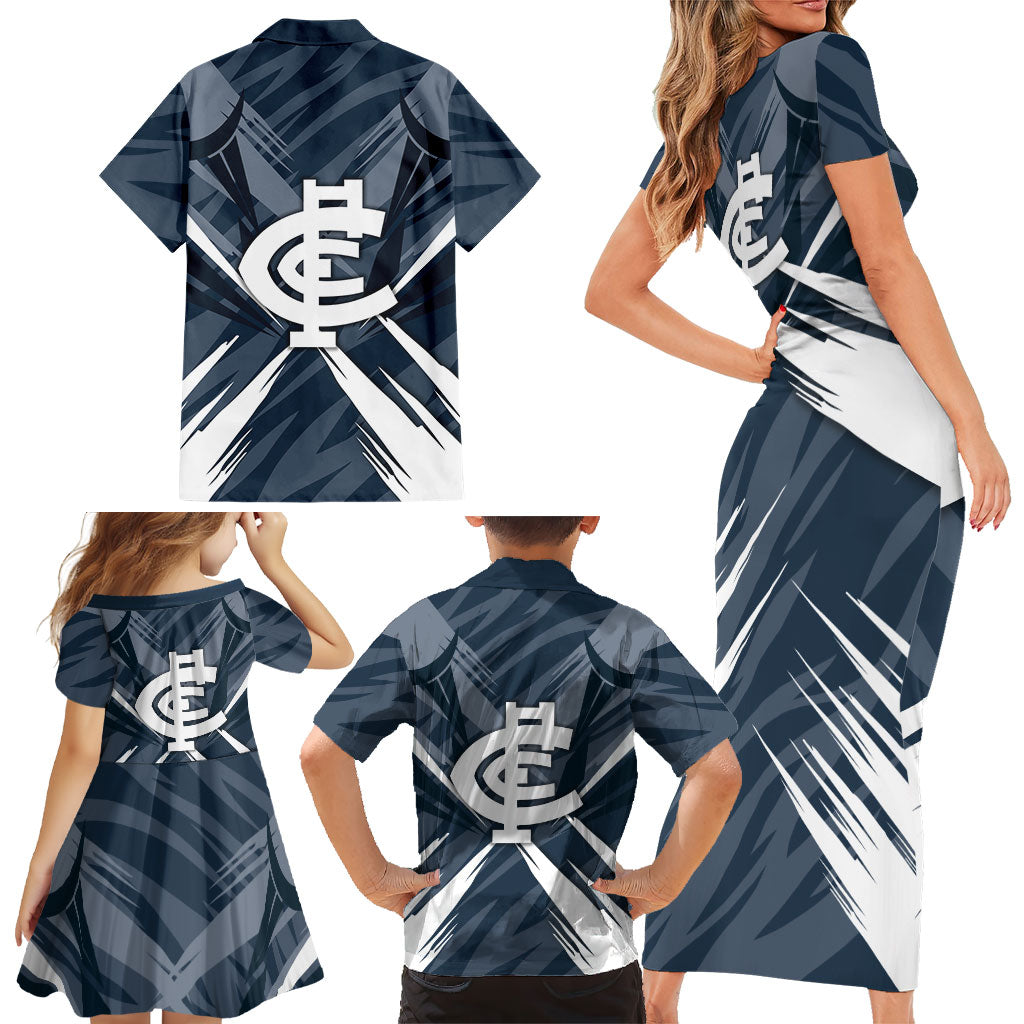 Carlton Blues Australian Football Family Matching Short Sleeve Bodycon Dress and Hawaiian Shirt Powerful Superhero Mascot - Bold Team Colors