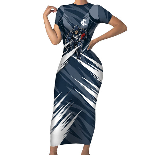 Carlton Blues Australian Football Family Matching Short Sleeve Bodycon Dress and Hawaiian Shirt Powerful Superhero Mascot - Bold Team Colors