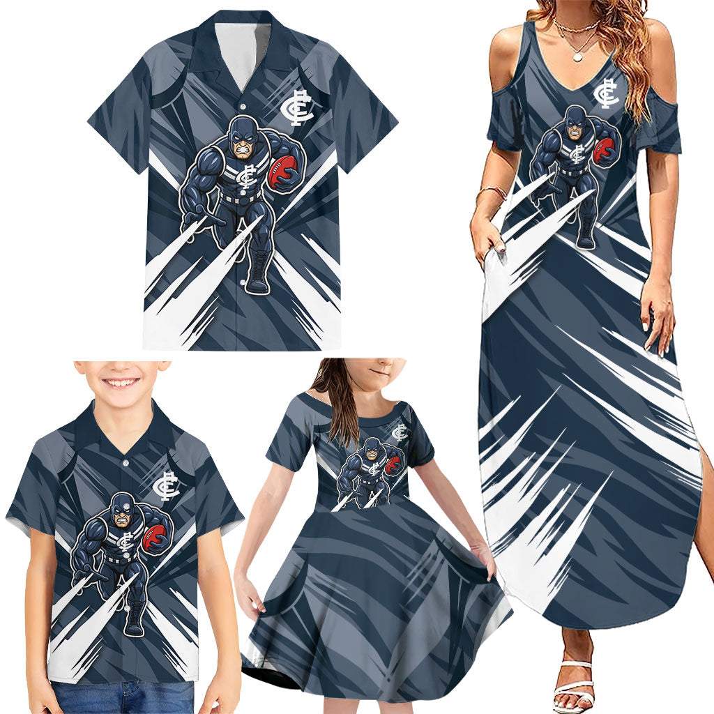 Carlton Blues Australian Football Family Matching Summer Maxi Dress and Hawaiian Shirt Powerful Superhero Mascot - Bold Team Colors
