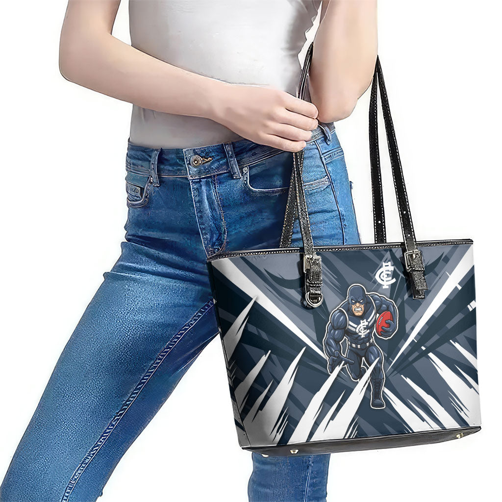 Carlton Blues Australian Football Leather Tote Bag Powerful Superhero Mascot - Bold Team Colors