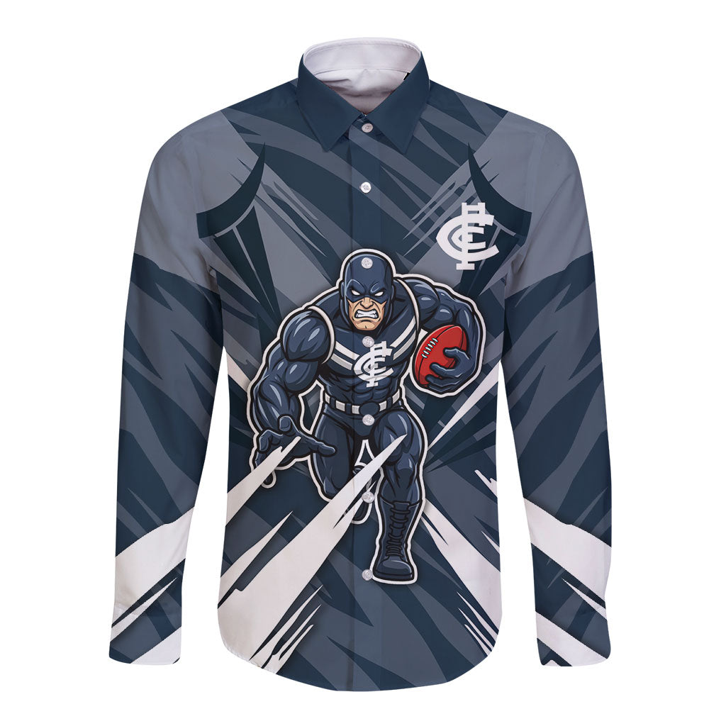Carlton Blues Australian Football Long Sleeve Button Shirt Powerful Superhero Mascot - Bold Team Colors