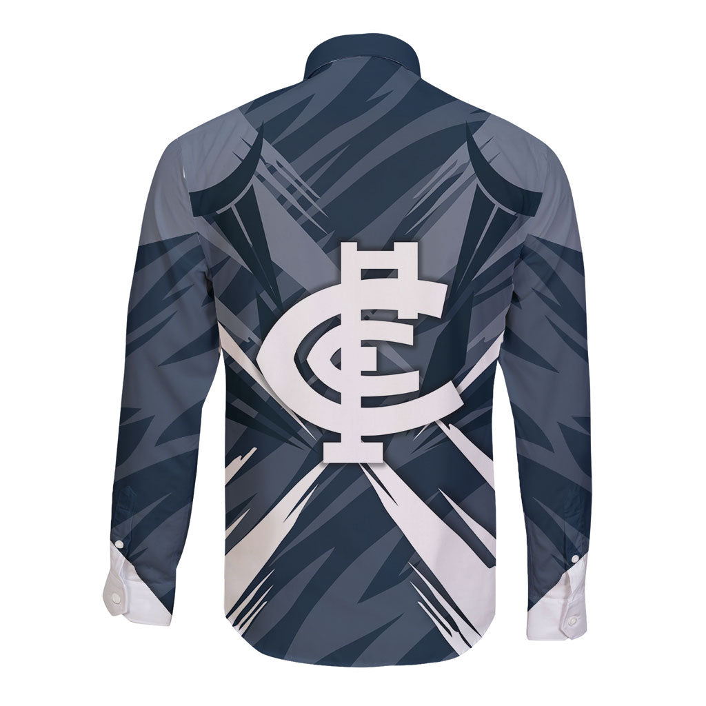 Carlton Blues Australian Football Long Sleeve Button Shirt Powerful Superhero Mascot - Bold Team Colors