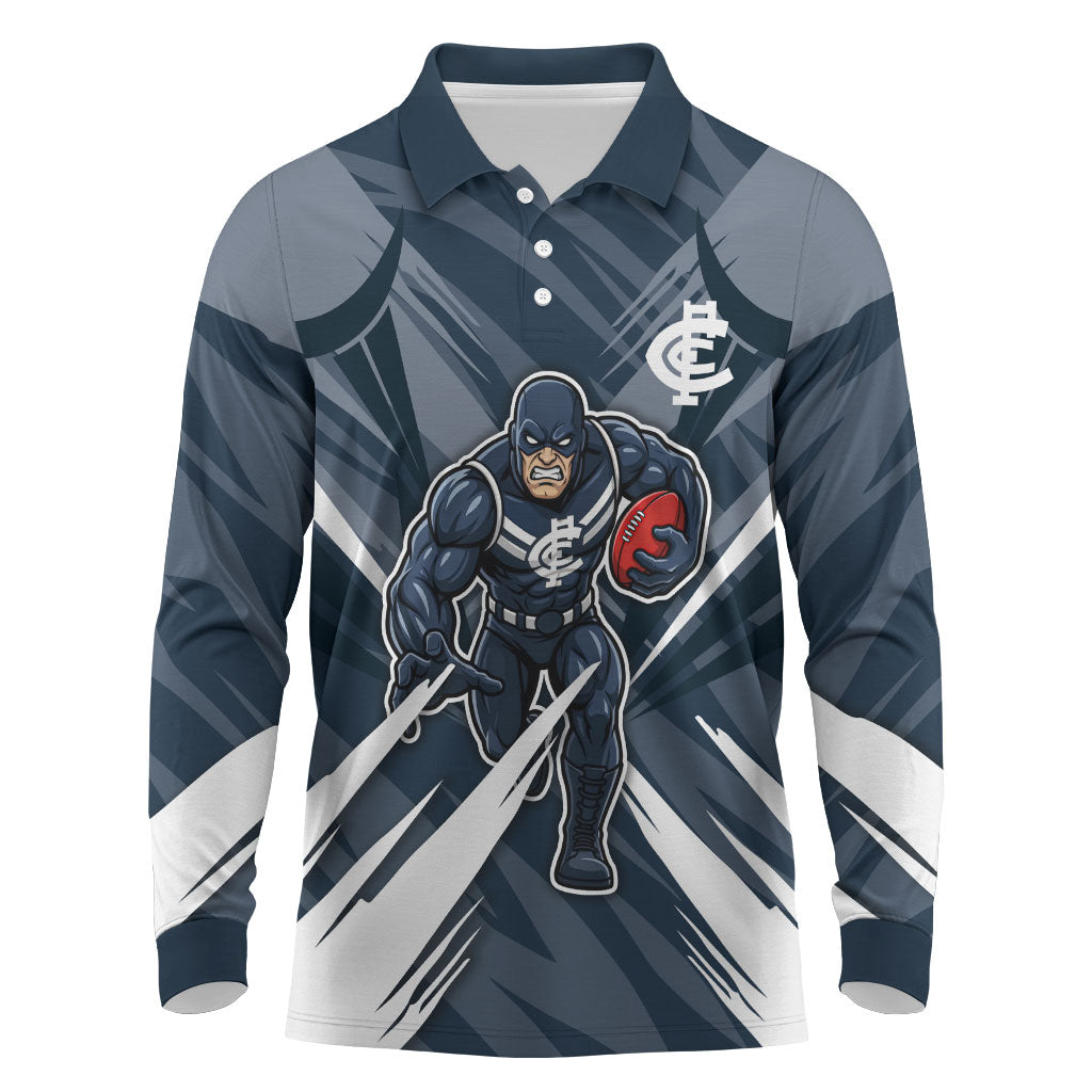Carlton Blues Australian Football Long Sleeve Polo Shirt Powerful Superhero Mascot - Bold Team Colors