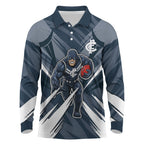 Carlton Blues Australian Football Long Sleeve Polo Shirt Powerful Superhero Mascot - Bold Team Colors