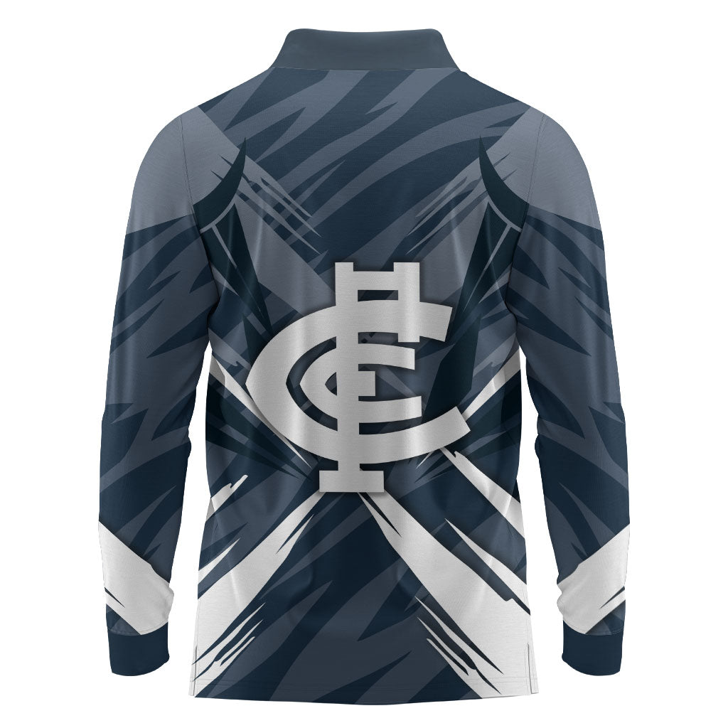 Carlton Blues Australian Football Long Sleeve Polo Shirt Powerful Superhero Mascot - Bold Team Colors