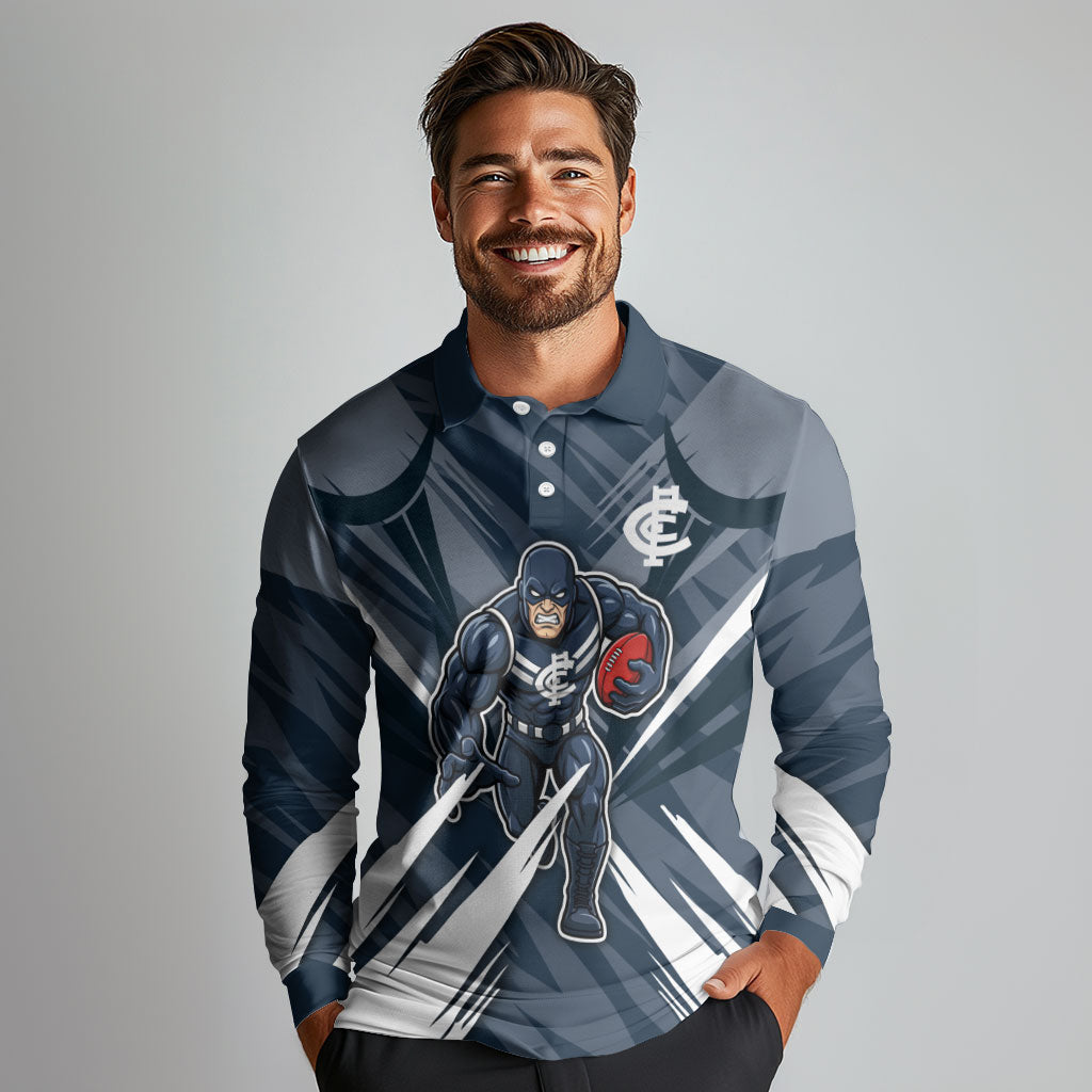Carlton Blues Australian Football Long Sleeve Polo Shirt Powerful Superhero Mascot - Bold Team Colors