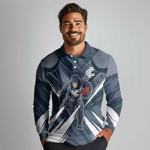 Carlton Blues Australian Football Long Sleeve Polo Shirt Powerful Superhero Mascot - Bold Team Colors
