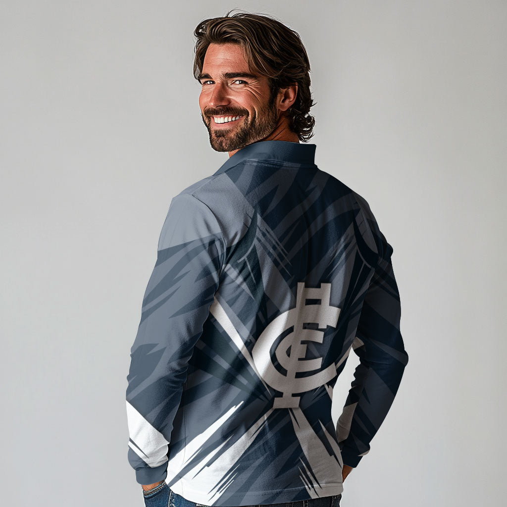 Carlton Blues Australian Football Long Sleeve Polo Shirt Powerful Superhero Mascot - Bold Team Colors